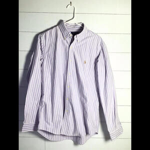 Ralph Lauren Mens Large Purple White Stripe Button Shirt 100% Cotton Classic Fit